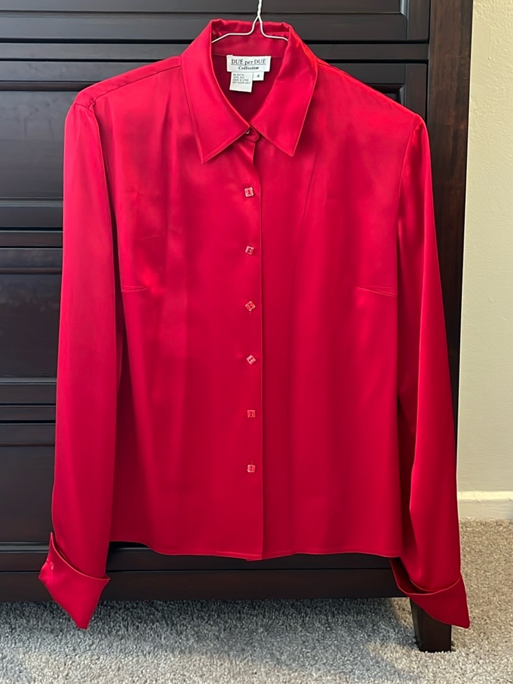 VTG Red Pure Silk Button-Down Blouse Size 4 Feminine Drapey